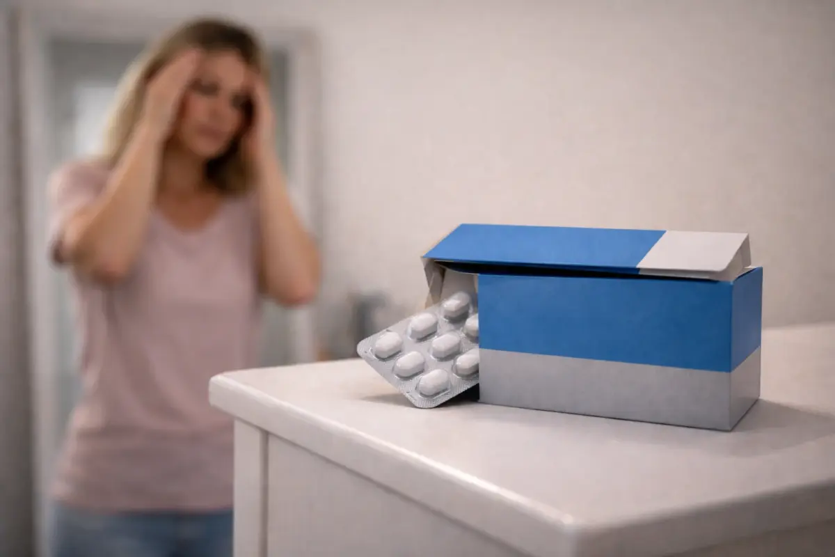 a woman holding her head with pain with a box of painkillers in front of her