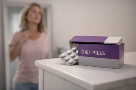 a box of diet pills with a woman out of focus standing behind them who is addicted to them