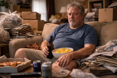 a man with a hoarding and substance misuse problem sitting in his living room surrounded by boxes and newspapers