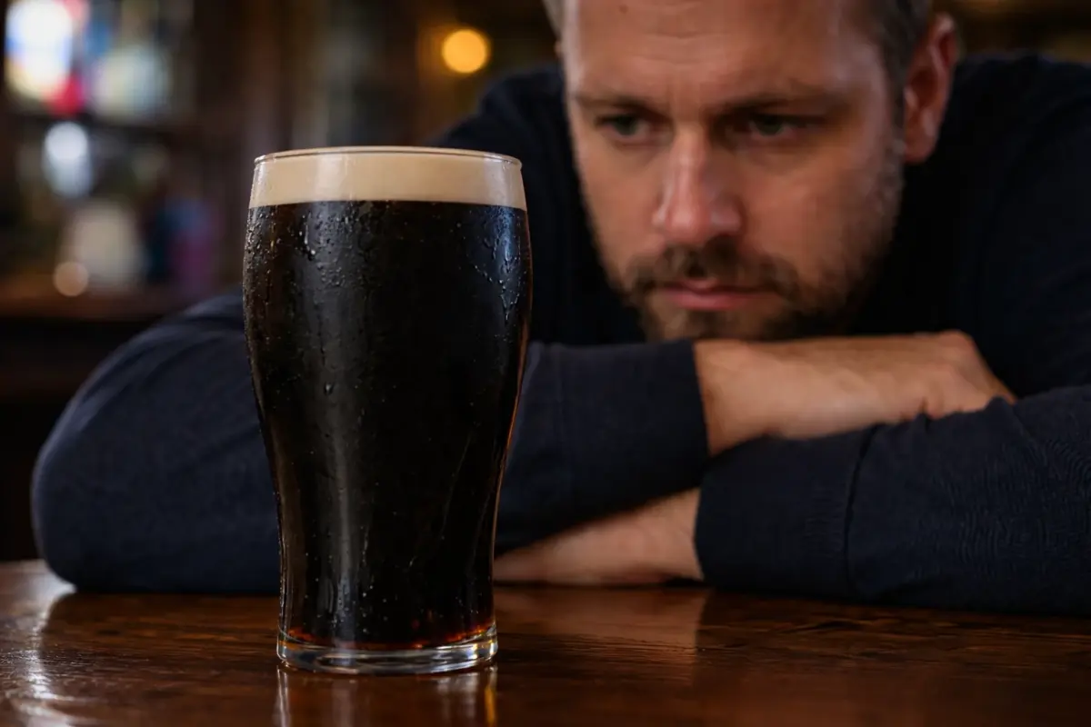 a man looking at a pint of stout wondering if alcohol is a gateway drug to addiction