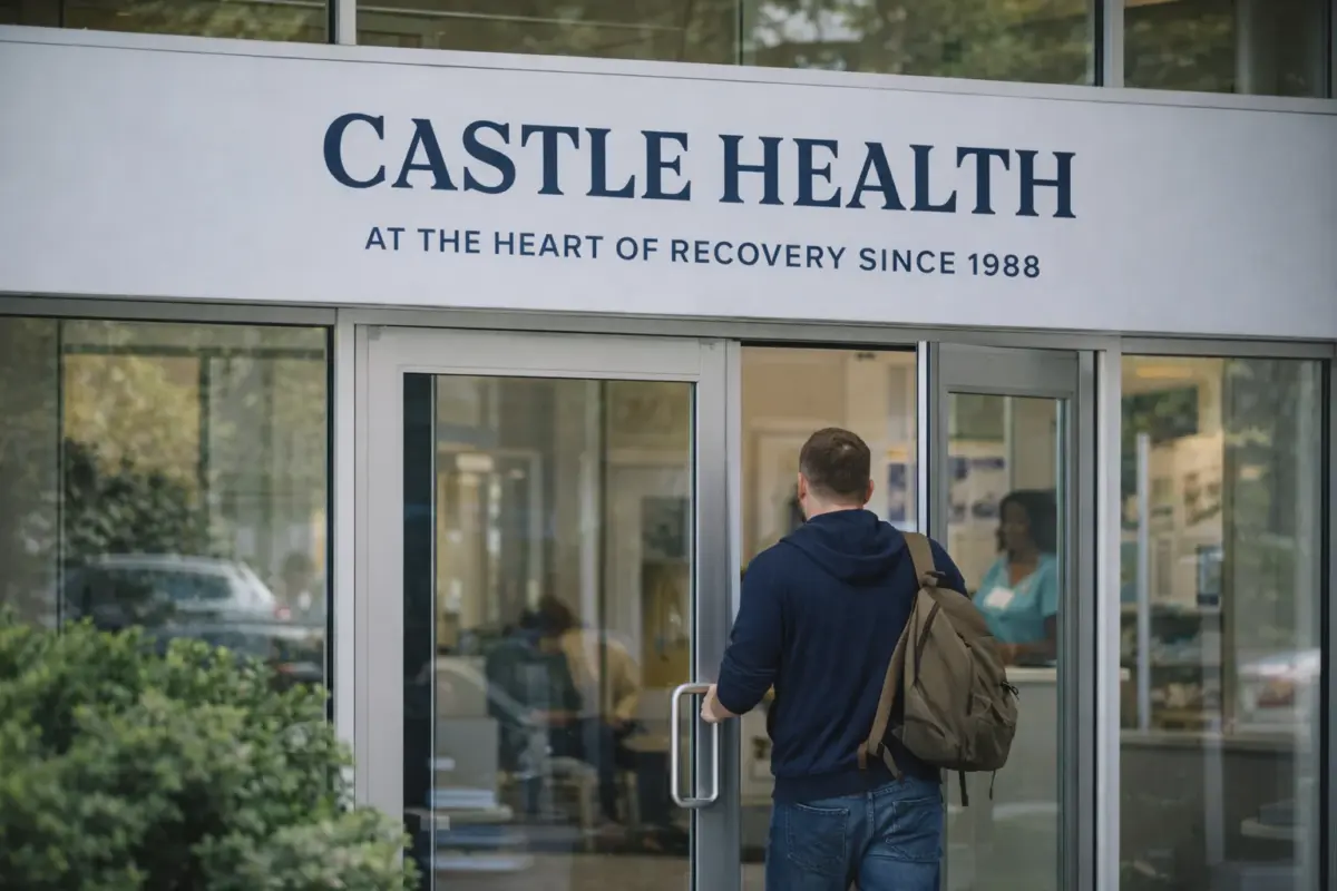 a man walking into a castle health clinic as he discovers what outpatient treatment for alcoholism looks like