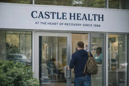 a man walking into a castle health clinic as he discovers what outpatient treatment for alcoholism looks like