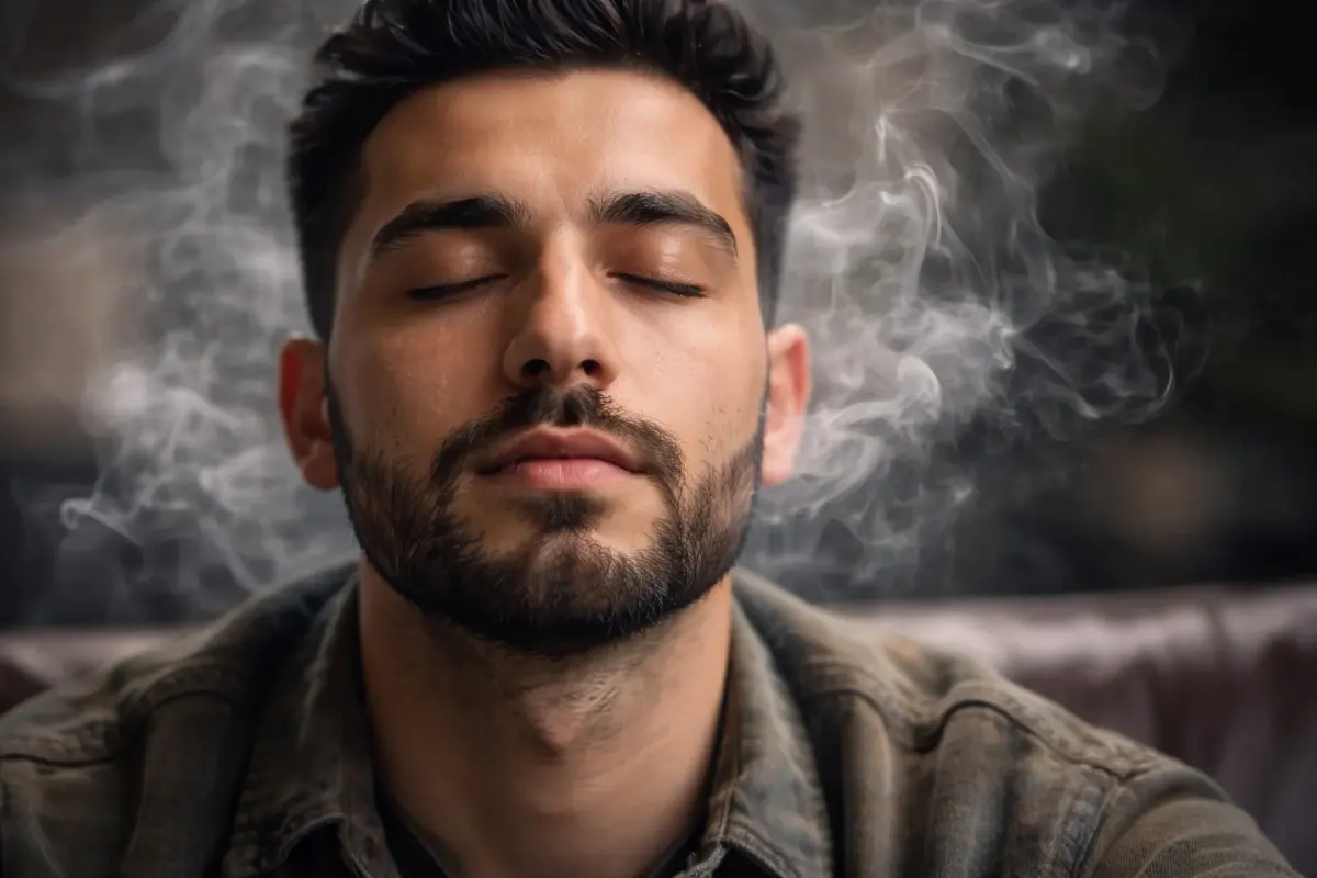 a man with his eyes closed breathing in the potency of cannabis smoke