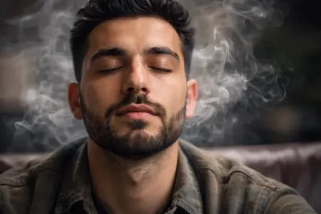 a man with his eyes closed breathing in the potency of cannabis smoke
