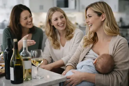 a mother with her friends drinking alcohol whilst breastfeeding