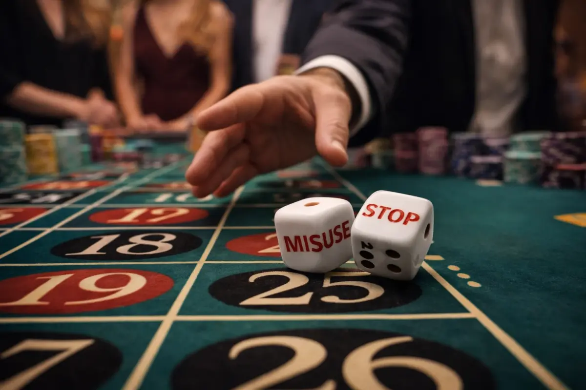 dice with the words misuse and stop on them are rolled on to a roulette table