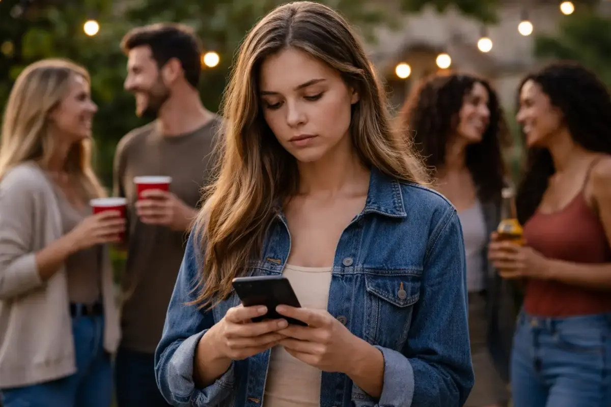 a woman looking at her phone whilst in company of friends displaying her addiction to social media