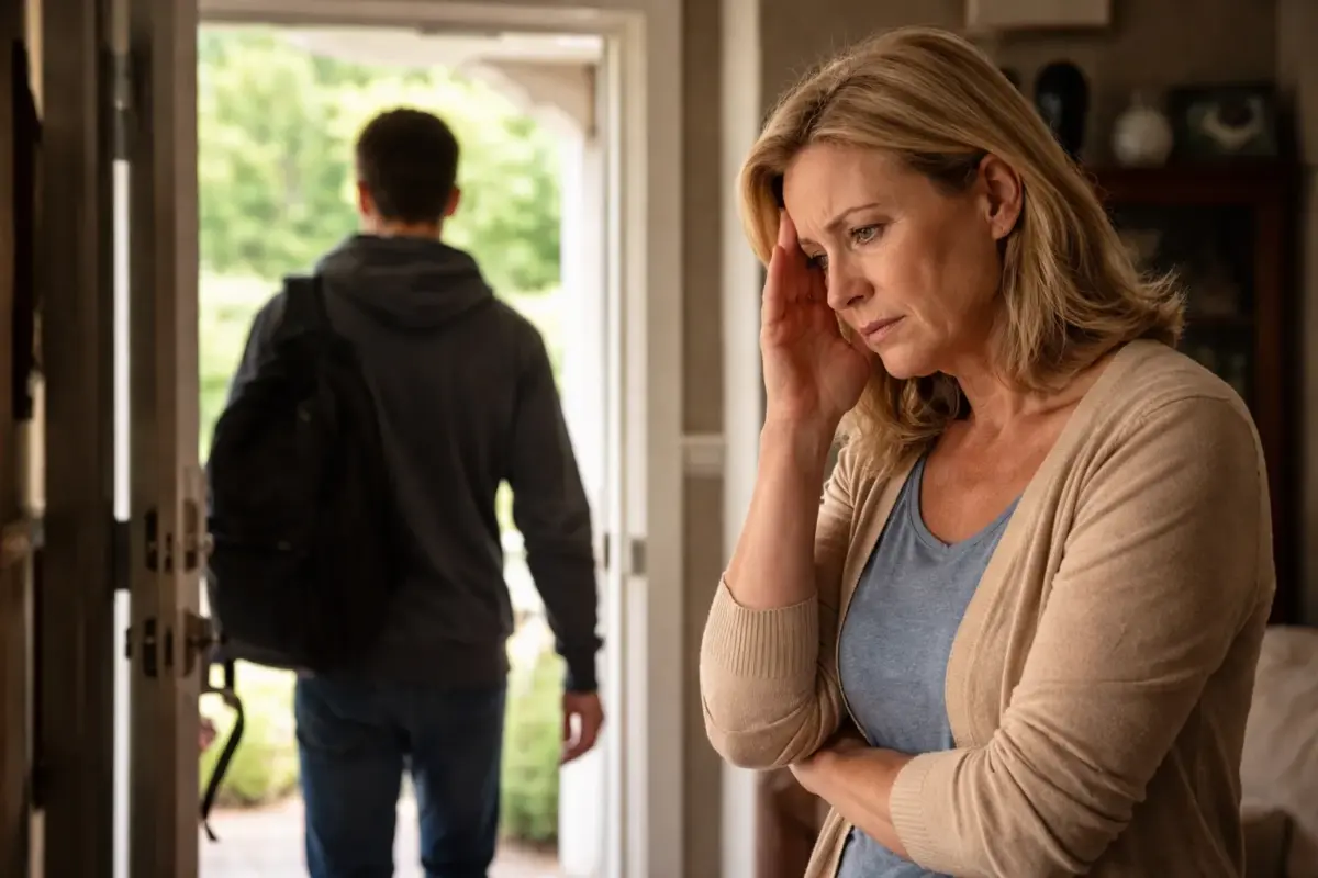 a mother looking distressed as her son walks out the front door of their house showing the effects of drug addiction on family members