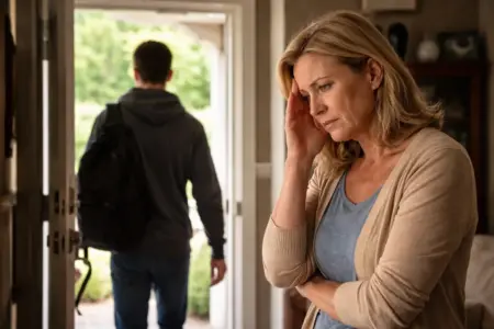 a mother looking distressed as her son walks out the front door of their house showing the effects of drug addiction on family members