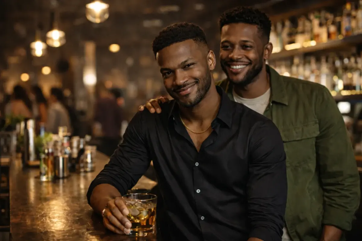 a narcissist with a substance addiction sitting at the bar with his friend