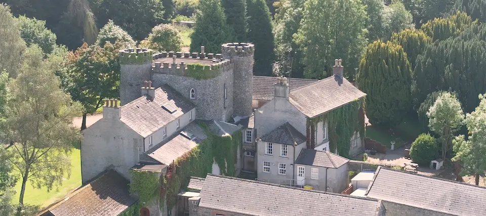 Aerial photo of Smarmore Castle from higher up where patients can access cocaine rehab.