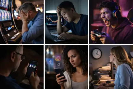 a collage of images displaying 6 various types of behaviour addictions