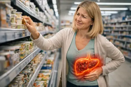 a woman in the supermarket suffering with liver pain due to codeine and alcohol addiction