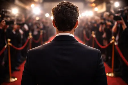 an actor that's recovered from alcoholism about to walk down a red carpet surrounded by press