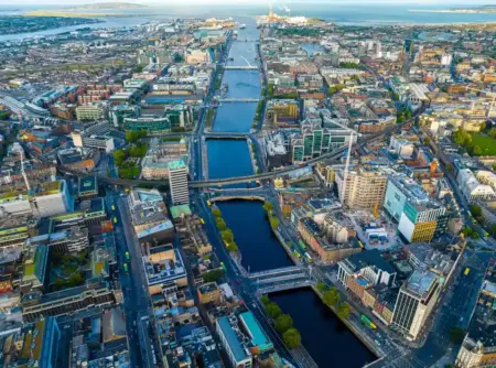 An aerial photo of Dublin and the River Liffey where you can travel to rehab near Dublin for addiction treatment.
