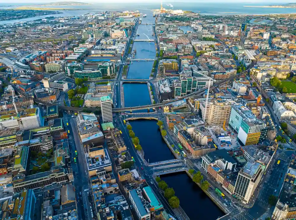 An aerial photo of Dublin and the River Liffey where you can travel to rehab near Dublin for addiction treatment.
