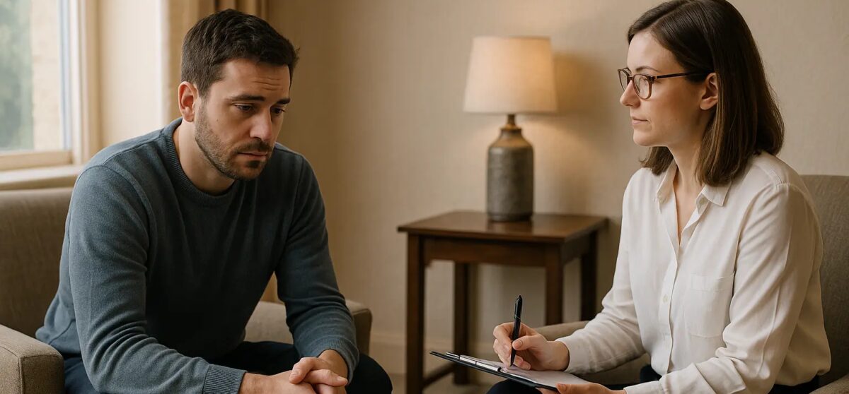 A therapy session between a patient and therapist discussing cocaine and ketamine misuse.