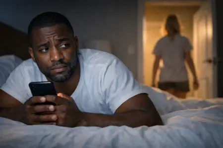 man reflecting on his porn addiction as his girlfriend leaves the room