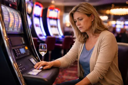 a woman in a casino sitting at a slot machine questioning her alcohol and gambling addiction